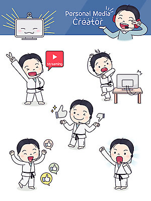 남자 스티커 일러스트 사람 여러명 성인 컴퓨터 세트 운동 즐거움 태권도 태권도복 방송 이모티콘 인터넷방송 크리에이터 1인미디어 국내일러스트 AI파일 직업 감정 다수 건강 도복 전자제품 격투기 파일형식 벡터