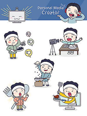 남자 포크 스티커 일러스트 요리 사람 여러명 성인 스마트폰 컴퓨터 세트 카메라 숟가락 프라이팬 즐거움 방송 이모티콘 인터넷방송 크리에이터 1인미디어 국내일러스트 AI파일 직업 식기 감정 다수 주방용품 수저 전자제품 핸드폰 스마트기기 파일형식 벡터