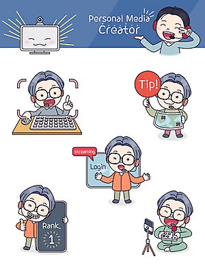 남자 스티커 일러스트 사람 여러명 성인 스마트폰 컴퓨터 세트 카메라 게임 키보드 즐거움 방송 조이스틱 이모티콘 게이머 인터넷방송 크리에이터 1인미디어 국내일러스트 AI파일 직업 감정 다수 놀이 전자제품 핸드폰 스마트기기 게임기 파일형식 벡터