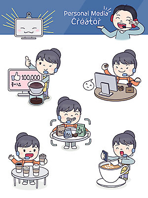 커피 스티커 일러스트 사람 여러명 성인 스마트폰 컴퓨터 세트 카메라 카페 원두 커피잔 즐거움 방송 그라인더 이모티콘 테이크아웃컵 핸드드립 인터넷방송 크리에이터 1인미디어 국내일러스트 AI파일 직업 감정 음료 다수 잔 컵 전자제품 핸드폰 스마트기기 상점 커피용품 파일형식 벡터