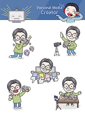 남자 스티커 일러스트 사람 여러명 성인 스마트폰 컴퓨터 세트 카메라 사진사 즐거움 폴라로이드 방송 이모티콘 인터넷방송 크리에이터 1인미디어 국내일러스트 AI파일 직업 감정 다수 전자제품 핸드폰 스마트기기 작가 파일형식 벡터