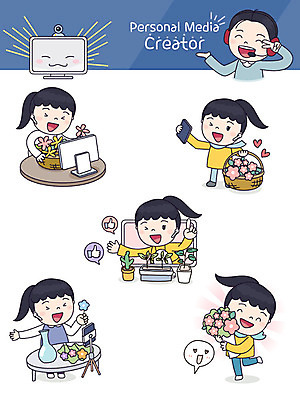 식물 여자 꽃 화분 스티커 일러스트 사람 여러명 성인 스마트폰 컴퓨터 세트 카메라 꽃꽂이 즐거움 방송 이모티콘 플로리스트 인터넷방송 크리에이터 1인미디어 국내일러스트 AI파일 직업 감정 다수 전자제품 핸드폰 스마트기기 원예 파일형식 벡터