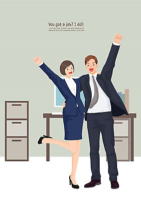 여자 남자 일러스트 성공 사람 정장 20대 성인 두명 사무실 파이팅 기쁨 구직 비즈니스맨 비즈니스우먼 실업자 동료 합격 신입사원 취업준비생 구인구직 인턴 채용 채용박람회 첫출근 국내일러스트 AI파일 옷 감정 컨셉 비즈니스 관계 모션 청년 직장인 출근 구인 박람회 파일형식 벡터