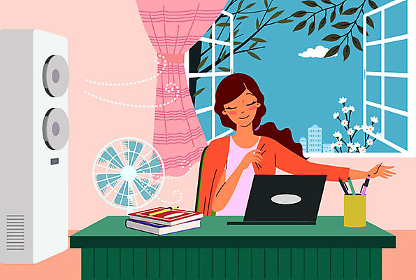 나무 구름 여자 일러스트 탁자 한명 성인 건물 노트북 선풍기 편안함 에어컨 카디건 책상 상쾌 예방 옷입기 체온 유지 냉방병 환기 여자한명만 국내일러스트 AI파일 자연요소 식물 1 건축물 감정 가구 모션 사람 전자제품 외투 가전제품 감각 질병 여자만 파일형식 벡터