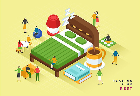 여자 남자 여유 커피 일러스트 침구 휴식 조명 사람 여러명 성인 책 노란색 침대 스탠드 잠 힐링 아이소메트릭 소확행 국내일러스트 AI파일 감정 음료 컬러 가구 다수 컨셉 신조어 파일형식 벡터