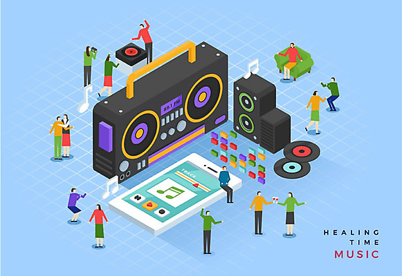 여자 남자 음악 음표 일러스트 사람 여러명 성인 취미 파란색 스마트폰 스피커 즐거움 라디오 힐링 아이소메트릭 플레이어 국내일러스트 AI파일 기호 감정 컬러 음향기기 다수 문화예술 전자제품 핸드폰 스마트기기 파일형식 벡터