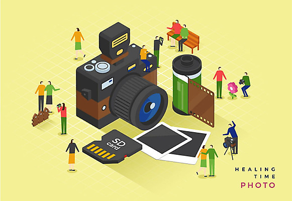 여자 남자 일러스트 사람 여러명 성인 취미 노란색 카메라 사진촬영 촬영 필름 즐거움 힐링 폴라로이드 폴라로이드사진 사진필름 아이소메트릭 DSLR SD카드 국내일러스트 AI파일 감정 컬러 다수 전자제품 메모리 파일형식 벡터