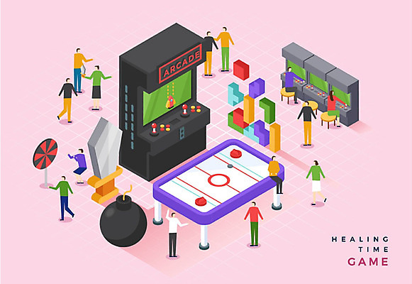 여자 남자 분홍색 일러스트 사람 여러명 성인 취미 블록 게임 칼 게임기 폭탄 다트 즐거움 힐링 아이소메트릭 오락기계 오락실 테트리스 국내일러스트 AI파일 감정 컬러 다수 놀이 폭발물 파일형식 벡터