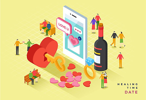 여자 남자 행복 데이트 일러스트 열쇠 사랑 사람 여러명 성인 스마트폰 노란색 와인 하트 반지 즐거움 힐링 아이소메트릭 다이아몬드반지 문자메시지 국내일러스트 AI파일 모양 감정 컬러 다수 장신구 주류 핸드폰 스마트기기 메시지 파일형식 벡터