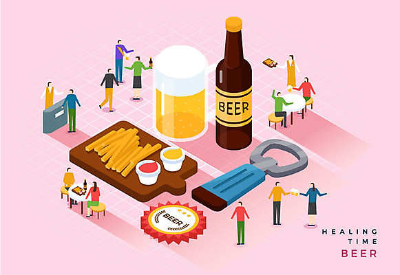 여자 남자 음식 분홍색 일러스트 맥주 생맥주 사람 여러명 성인 감자튀김 양념 즐거움 힐링 맥주잔 맥주병 호프 아이소메트릭 병따개 국내일러스트 AI파일 감정 컬러 다수 술잔 술병 감자 주류 튀김 파일형식 벡터