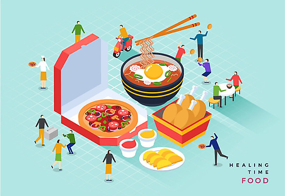 여자 남자 음식 일러스트 피자 사람 여러명 성인 파란색 치킨 라면 소스 즐거움 힐링 단무지 야식 아이소메트릭 배달음식 국내일러스트 AI파일 감정 컬러 다수 패스트푸드 서양음식 면류 양념 배달 닭고기요리 파일형식 벡터
