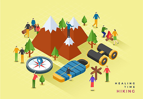 나무 여자 남자 일러스트 산 사람 여러명 성인 취미 노란색 등산 망원경 하이킹 표지판 나침반 모닥불 즐거움 힐링 아이소메트릭 침낭 국내일러스트 AI파일 식물 감정 컬러 다수 불 레저 알림판 트래킹 파일형식 벡터