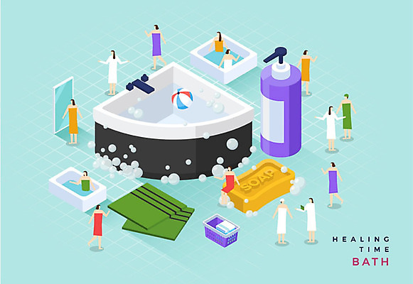 여자 남자 여유 일러스트 공 휴식 욕조 사람 여러명 성인 파란색 목욕 목욕탕 비눗방울 힐링 비누 샴푸 아이소메트릭 때밀이 바디워시 소확행 국내일러스트 AI파일 감정 컬러 다수 컨셉 위생용품 청결 신조어 파일형식 벡터