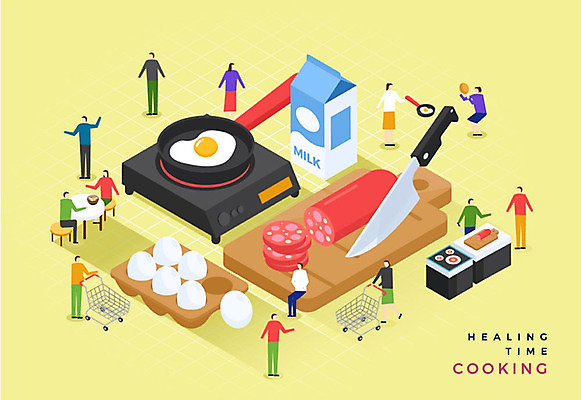 여자 남자 일러스트 도마 요리 사람 여러명 성인 노란색 쇼핑카 우유 프라이팬 소시지 칼 계란프라이 힐링 식칼 아이소메트릭 국내일러스트 AI파일 컬러 다수 주방용품 유제품 쇼핑 카트 가공식품 계란요리 파일형식 벡터