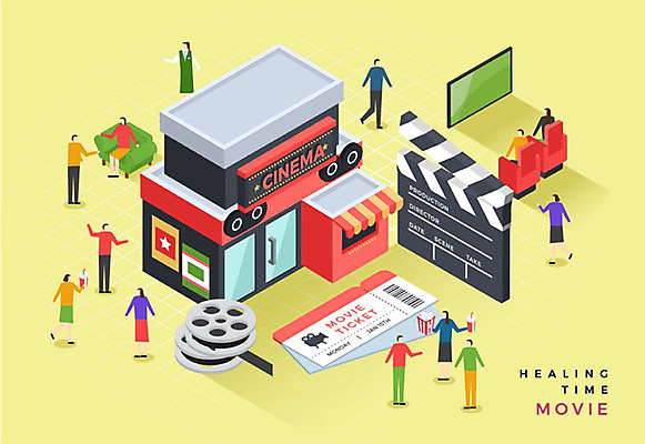 여자 남자 포스터 일러스트 사람 여러명 성인 취미 노란색 티켓 클래퍼보드 영화관 극장 필름 영화 즐거움 힐링 아이소메트릭 티켓박스 국내일러스트 AI파일 감정 컬러 다수 문화예술 상자 파일형식 벡터