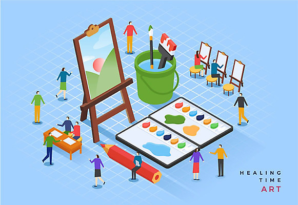 여자 남자 일러스트 색연필 미술 사람 여러명 성인 취미 파란색 물감 미술도구 붓 팔레트 물통 이젤 그림 힐링 캔버스 아이소메트릭 국내일러스트 AI파일 컬러 다수 문화예술 학용품 오브젝트 파일형식 벡터