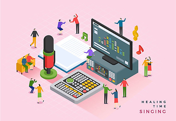 여자 남자 음악 분홍색 음향기기 음표 일러스트 노래 사람 여러명 성인 취미 리모컨 마이크 힐링 아이소메트릭 노래방 노래방기계 국내일러스트 AI파일 기호 컬러 다수 문화예술 전자제품 파일형식 벡터