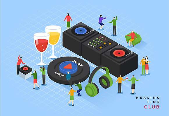 여자 남자 음악 일러스트 사람 여러명 성인 취미 파란색 헤드셋 춤 샴페인 즐거움 클럽 힐링 아이소메트릭 디제잉 디제잉기계 플레이 국내일러스트 AI파일 감정 컬러 음향기기 다수 문화예술 주류 헤드폰 파일형식 벡터