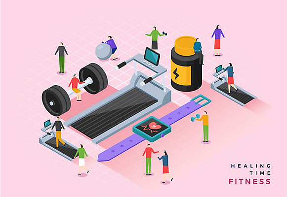 여자 남자 분홍색 일러스트 건강 사람 여러명 성인 운동 약 헬스 헬스장 짐볼 역기 힐링 런닝머신 아이소메트릭 건강보조식품 영양제 스마트워치 국내일러스트 AI파일 컬러 다수 의학 스마트기기 운동기구 건강식품 웨어러블 파일형식 벡터