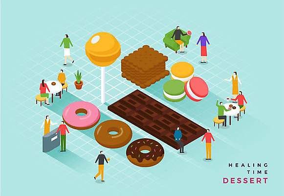 여자 남자 일러스트 디저트 사탕 사람 여러명 성인 파란색 과자 초콜릿 도넛 달콤 힐링 마카롱 아이소메트릭 간식시간 국내일러스트 AI파일 음식 컬러 다수 맛 파일형식 벡터