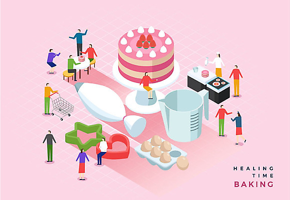 여자 남자 분홍색 일러스트 틀 사람 여러명 성인 취미 케이크 계란 생크림 비커 힐링 제빵 아이소메트릭 짤주머니 국내일러스트 AI파일 컬러 다수 디저트 실험기구 제과제빵 알 크림 제빵도구 파일형식 벡터