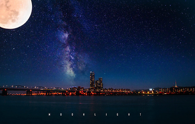 PSD 편집 편집이미지 야경 밤하늘 빌딩 사람없음 야외 컬러풀 평화 고요 보름달 달 도시 화려 야간 네온 은하수 네온아트 이미지편집 자연요소 컬러 컨셉 자연 하늘 건물 파일형식 풍경_경치