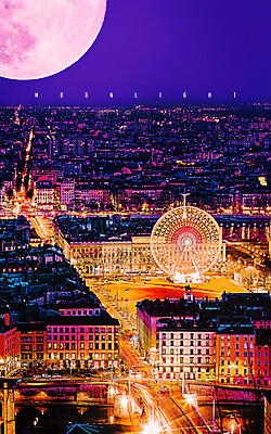 PSD 편집 편집이미지 도로 야경 가로등 빌딩 사람없음 야외 컬러풀 달 도시 화려 신비 네온 대관람차 네온아트 이미지편집 자연요소 공공시설 길 컬러 컨셉 교통시설 건물 놀이기구 야간 파일형식 풍경_경치