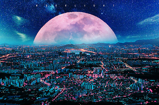 PSD 편집 편집이미지 야경 하늘 빌딩 사람없음 야외 컬러풀 달 도시 화려 신비 네온 네온아트 이미지편집 자연요소 컬러 컨셉 건물 야간 파일형식 풍경_경치
