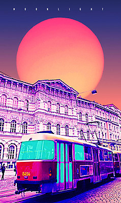 PSD 편집 편집이미지 고건축 야경 사람없음 야외 컬러풀 달 도시 화려 신비 전차 네온 트램 네온아트 이미지편집 자연요소 건축물 육상교통 교통수단 컬러 컨셉 대중교통 야간 파일형식 풍경_경치