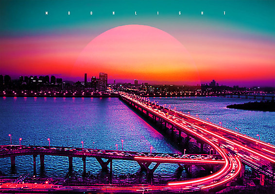 PSD 편집 편집이미지 도로 야경 하늘 빌딩 사람없음 야외 강 컬러풀 고요 일몰 달 도시 화려 네온 궤적 가교 네온아트 이미지편집 자연요소 건축물 길 컬러 컨셉 교통시설 건물 노을 야간 파일형식 풍경_경치