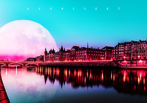 PSD 편집 편집이미지 건축물 야경 하늘 빌딩 사람없음 야외 강 컬러풀 고요 달 도시 화려 네온 구시가지 가교 네온아트 이미지편집 자연요소 건축 컬러 컨셉 건물 야간 파일형식 풍경_경치