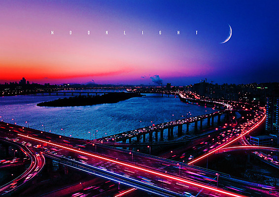 PSD 편집 편집이미지 도로 야경 하늘 사람없음 야외 컬러풀 고요 일몰 달 도시 화려 신비 네온 궤적 가교 네온아트 이미지편집 자연요소 건축물 길 컬러 컨셉 교통시설 노을 야간 파일형식 풍경_경치