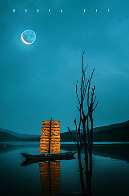 PSD 나무 편집 편집이미지 호수 야경 하늘 사람없음 야외 컬러풀 평화 고요 달 화려 돛단배 네온 돗단배 네온아트 이미지편집 자연요소 식물 컬러 컨셉 배_교통 야간 파일형식 풍경_경치