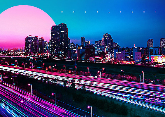 PSD 편집 편집이미지 건축물 도로 야경 가로등 하늘 빌딩 사람없음 야외 컬러풀 달 도시 화려 네온 네온아트 이미지편집 자연요소 공공시설 건축 길 컬러 컨셉 교통시설 건물 야간 파일형식 풍경_경치