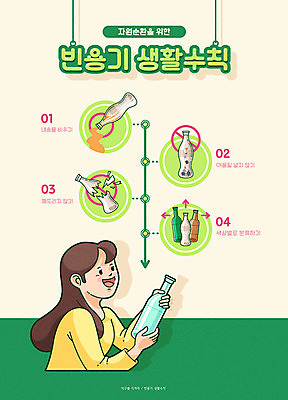여자 일러스트 유리병 한명 사람 초록색 유행 자연보호 환경 그린캠페인 재활용 인포그래픽 에코 친환경 순환 분리수거 자원 분리배출 생활습관 콜라병 그린슈머 국내일러스트 AI파일 1 캠페인 컬러 모션 자연 병_용기 보호 습관 음료수병 파일형식 벡터