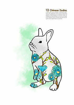 PSD 한마리 동물캐릭터 꽃무늬 일러스트 캘리그라피 수채화 새해 사람없음 컬러풀 십이지신 운세 토끼띠 토끼 십이지신캐릭터 번짐 국내일러스트 일러캐릭터 동물 캐릭터 1 꽃 컬러 무늬 포유류 반려동물 파일형식 효과