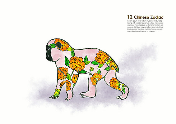 PSD 한마리 동물캐릭터 꽃무늬 일러스트 캘리그라피 수채화 새해 사람없음 컬러풀 십이지신 원숭이띠 원숭이 운세 십이지신캐릭터 번짐 국내일러스트 일러캐릭터 동물 캐릭터 1 꽃 컬러 무늬 포유류 파일형식 효과