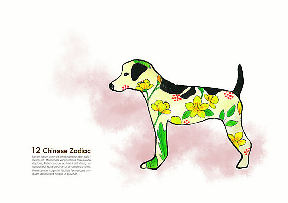 PSD 한마리 동물캐릭터 꽃무늬 일러스트 캘리그라피 수채화 새해 사람없음 컬러풀 십이지신 운세 개 개띠 십이지신캐릭터 번짐 국내일러스트 일러캐릭터 동물 캐릭터 1 꽃 컬러 무늬 포유류 파일형식 효과