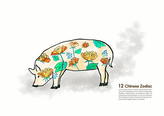 PSD 한마리 동물캐릭터 꽃무늬 일러스트 캘리그라피 수채화 새해 사람없음 컬러풀 십이지신 운세 돼지띠 돼지 십이지신캐릭터 번짐 국내일러스트 일러캐릭터 동물 캐릭터 1 꽃 컬러 무늬 포유류 파일형식 효과