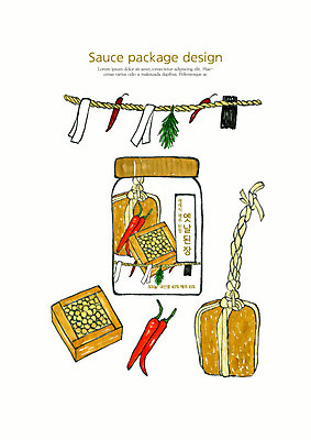 PSD 일러스트 고추 수채화 사람없음 용기 된장 소스 패키지 메주 금줄 메주콩 포장용기 국내일러스트 그릇 줄 채소 양념 포장재료 파일형식