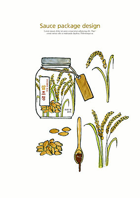 PSD 일러스트 수채화 사람없음 벼 쌀 용기 소스 이삭 패키지 나무스푼 포장용기 조청 국내일러스트 그릇 곡류 양념 나무숟가락 포장재료 물엿 파일형식
