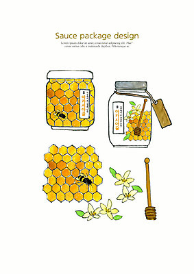 PSD 꽃 일러스트 수채화 사람없음 용기 소스 꿀벌 패키지 꿀 벌집 아카시아 포장용기 국내일러스트 나무 식물 그릇 양념 벌_곤충 포장재료 파일형식