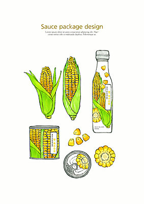 PSD 일러스트 수채화 옥수수 사람없음 용기 소스 기름 식용유 패키지 포장용기 옥수수콘 국내일러스트 그릇 음식 곡류 양념 기름_음식 포장재료 파일형식
