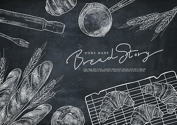 PSD 영어 빵 일러스트 타이포그라피 사람없음 칠판 빵집 바게트 밀 크루아상 초크 제빵 밀대 초크일러스트 초크아트 드로잉 제빵도구 홈메이드 국내일러스트 문자 음식 주방용품 곡류 미술 제과제빵 상점 그림 만들기 파일형식