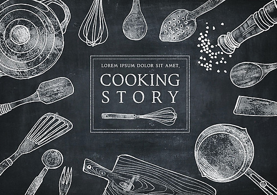 PSD 영어 일러스트 주방용품 타이포그라피 사람없음 칠판 국자 초크 거품기 뒤집개 초크일러스트 초크아트 드로잉 후추통 계량컵 나무도마 국내일러스트 문자 생활용품 도마 미술 목재 컵 그림 양념통 계량 파일형식