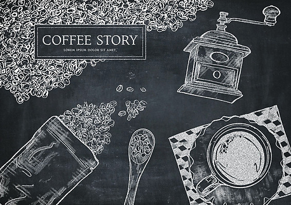 PSD 영어 커피 일러스트 타이포그라피 사람없음 칠판 카페 원두 티스푼 초크 초크일러스트 초크아트 드로잉 약스푼 핸드밀 국내일러스트 문자 음료 미술 상점 숟가락 그림 커피용품 파일형식