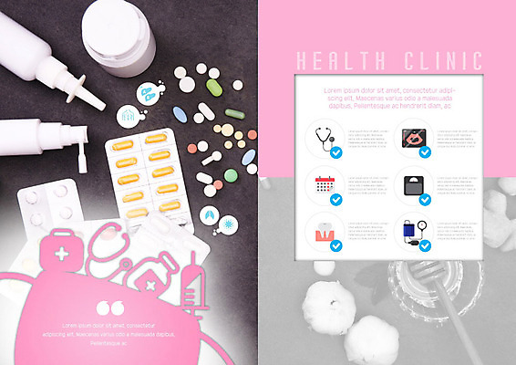 PSD 템플릿 표지디자인 북디자인 출판디자인 내지 리플렛 분홍색 북커버 의학 청진기 건강 병원 팜플렛 사람없음 알약 건강관리 약병 클리닉 구급용품 이미지템플릿 컬러 의료기기 관리 약 안전장비 병_담는 파일형식