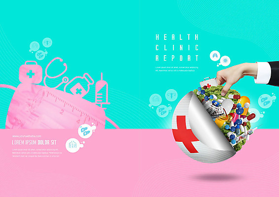 PSD 템플릿 표지디자인 북디자인 손 출판디자인 표지 리플렛 분홍색 북커버 의학 청진기 한손 건강 병원 주사기 한명 들기 팜플렛 신체부위 알약 건강관리 클리닉 민트색 이미지템플릿 1 컬러 의료기기 모션 관리 사람 약 파일형식