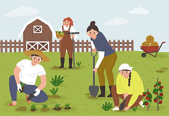 여자 남자 일러스트 사람 여러명 성인 취미 초록색 농작물 농장 농사 봄 수확 즐거움 귀농 농작 텃밭 워라밸 국내일러스트 AI파일 계절 감정 컬러 다수 밭 농업 신조어 파일형식 벡터