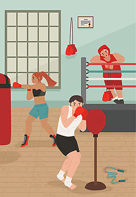 여자 남자 일러스트 사람 성인 취미 세명 운동 경쟁 권투 글러브 킥 즐거움 체육관 워라밸 국내일러스트 AI파일 감정 스포츠용품 장갑 컨셉 모션 건강 격투기 신조어 파일형식 벡터